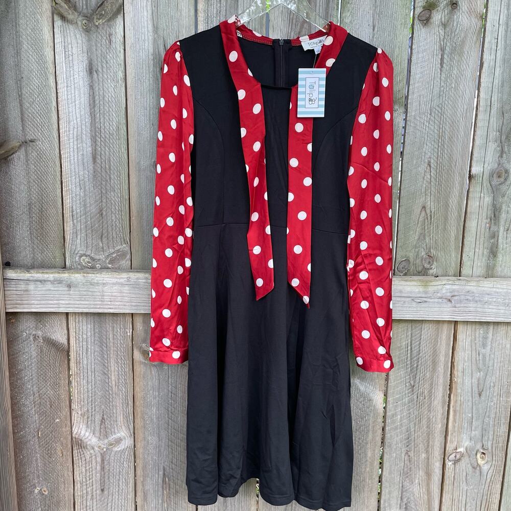 Tulip B Dress Front Tie Neckline Dress Back Zip Closure Black Red Small NWT